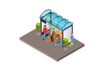 People are waiting for the bus at the bus stop isometric vector illust