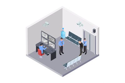 Security room in airport, railway or bus station isometric vector conc