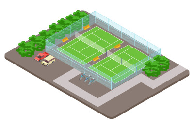 Tennis club playgrounds with parking isometric vector concept