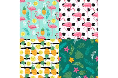 Tropical seamless pattern collection with exotic fruits, flamingo and