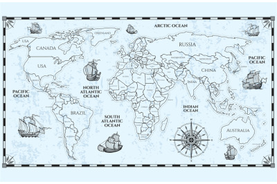 Vector antique world map with countries boundaries and ships