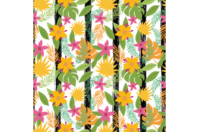 Vector exotis tropical plants and flowers seamless pattern