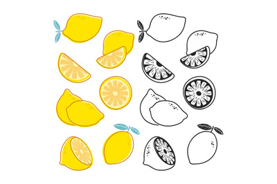 Vector lemon cuts, yellow and black and white citrus fruits vector set