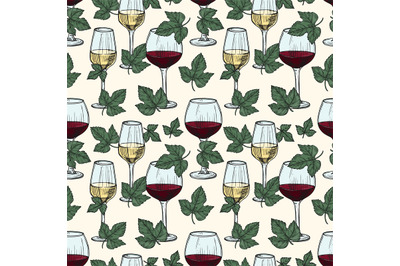 Vector white and red wine, grape vine leaves seamless pattern