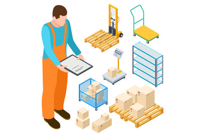 Warehouse equipment, trolley, parcels isometric vector collection