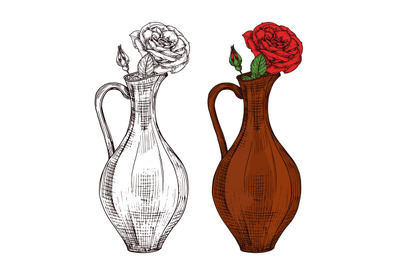 Sketch of wine jug with red roses vector illustration