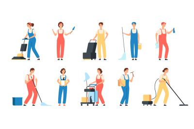 Cleaning service workers. Male female cleaner housemaids mop floor pol