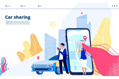 Carsharing landing. Carpooling travel by multiple people together driv