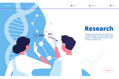 Research lab landing. Researchers scientists test dna in chemical labo