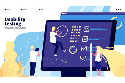 App testing landing. People develop and test smartphone ui dashboard,