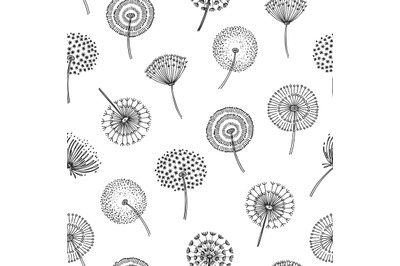 Dandelion seamless pattern. Dandelions grass pollen plant seeds blowin