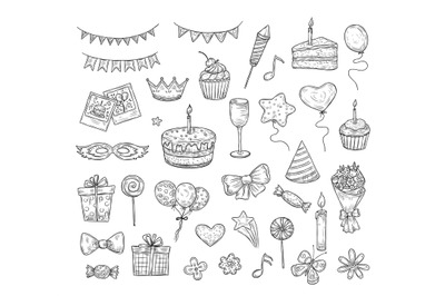 Birthday sketch. Happy birthday celebration party hand drawn items. Ca