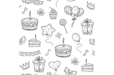 Happy birthday seamless pattern. Birthday celebration party drawn cake