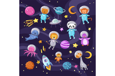 Space animals. Cute baby animal panda cat lion giraffe monkey octopus