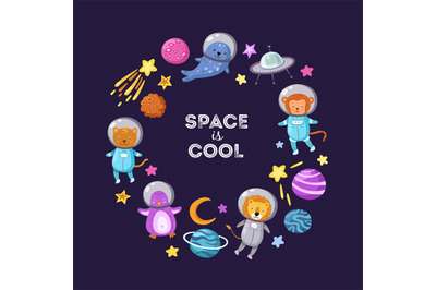 Space animals background. Cute baby animal astronauts flying kid pets