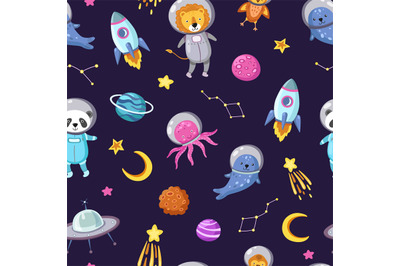 Space animals pattern. Cute baby animal astronauts flying kid pets cos