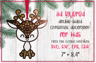 Cute deer. 3d layered Christmas ornament SVG for kids
