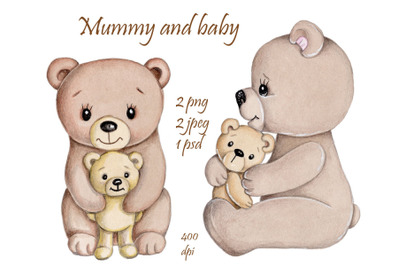 Mummy and baby. Teddy Bears. Watercolor.