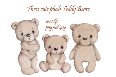 Three cute plush Teddy Bears. Watercolor art.