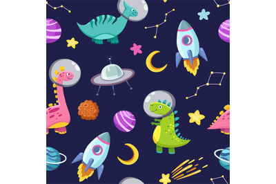 Dino in space seamless pattern. Cute dragon characters, dinosaur trave