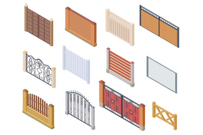 Isometric fence. Gates and farm garden wired security fences metal lat