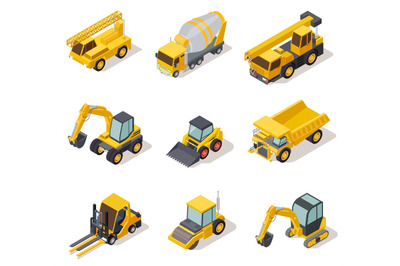 Isometric industrial machinery. 3d construction equipment truck vehicl