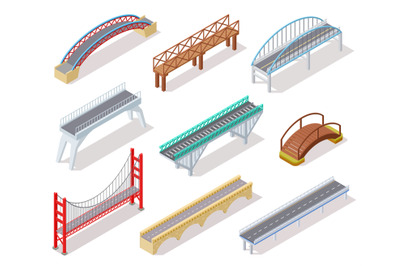 Isometric bridge. Concrete bridges drawbridge river arch bridging city