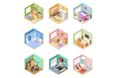 Isometric rooms. Designed house, living room kitchen bathroom bedroom