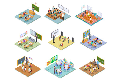 School rooms isometric. Library dining room lecture classroom gym spor