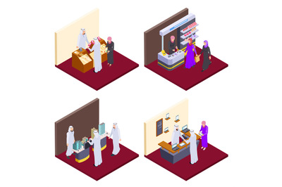 Arab 3d people, isometric arabs shopping vector concepts