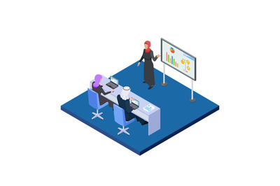 Arab business woman presenting a business project. Isometric male and