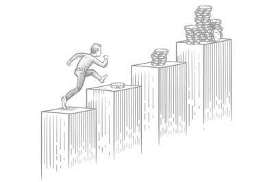 Businessman running up stairs with coins - sketch business and career