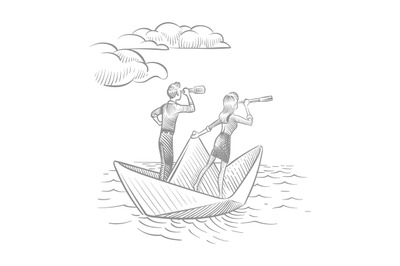 Businesswoman and businessman with telescopes sailing on paper boat. F