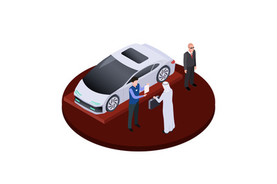 Isometric arab man buys modern electric car vector concept. Luxury aut