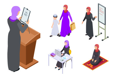 Isometric arab woman vector design. Muslim businesswoman&2C; teacher&2C; mot