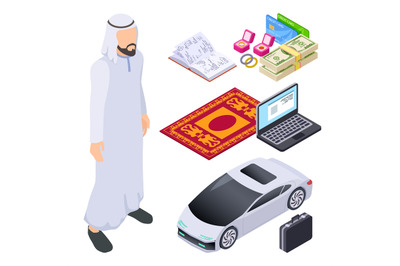 Isometric Muslim, arab man and traditional and modern accessorises vec