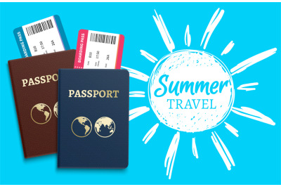 Summer travel vector background with sketch sun and realistic passport