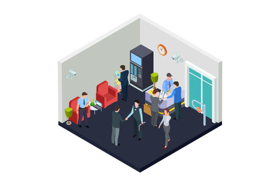 Vector isometric office lobby with security. Business people meet in l