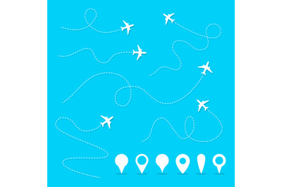 Vector plane line path. Airplane directional pathway, fly direction an