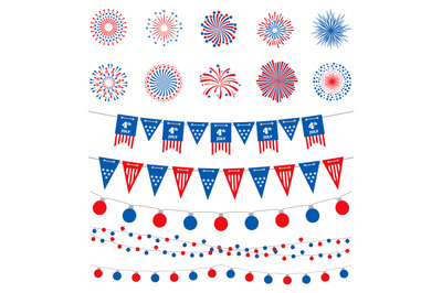 American flag color banners, garlands and fireworks vector collection.