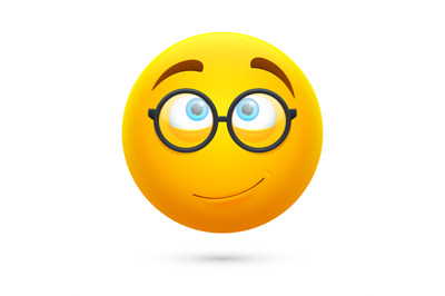 Cartoon yellow 3d smiley face. Cute geek vector emoji isolated on whit