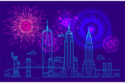 Fireworks over New York. Line New York vector design. Happy independen