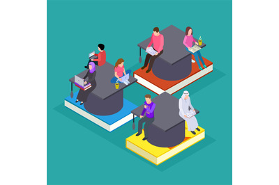 International students. Vector isometric education online. People with