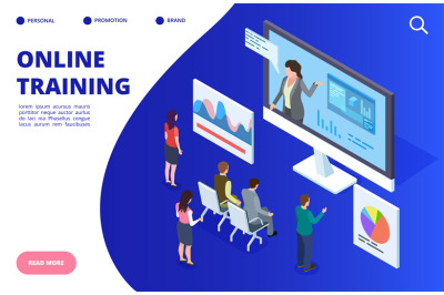 Isometric online video training, webinar vector illustration. Online e