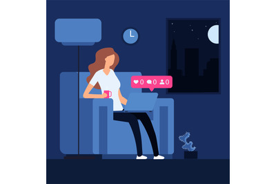 Lonely girl at night with laptop. Loneliness vector concept