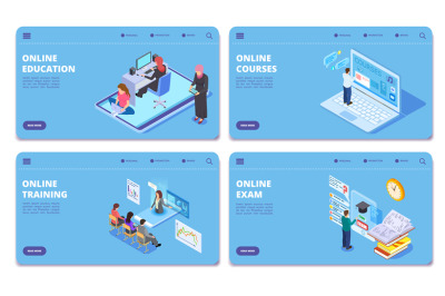 Online education isometric vector concept pages. Online exam, training