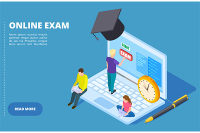 Online exam vector isometric. Online education and examination concept