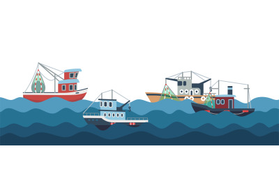 Sail and fishing boats in ocean waves vector illustration