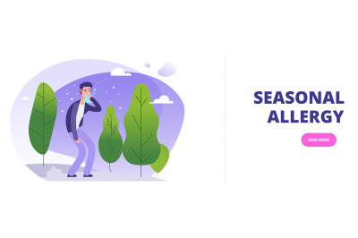 Seasonal allergy banner template. Man with season allergy simptoms in