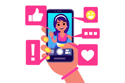 Social media app, girl makes selfie vector illustration. Active life i